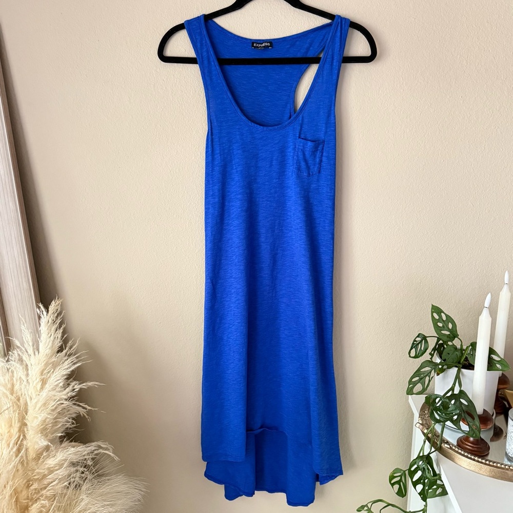 Express Racer Back Tank Dress High-Low Dress Mini Front Pocket Royal Blue Casual - Picture 1 of 5